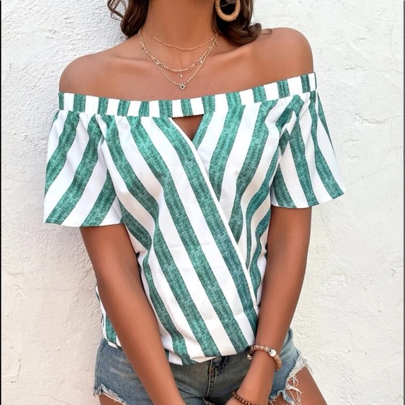 Stripe Off Shoulder Cut Out overlap Butterfly Sleeve Blouse Top Green - Picture 5 of 12